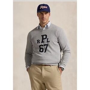 Polo Ralph Lauren Mens Gray PRL67 Monogram Cotton Sweater 2XB Collegiate Preppy